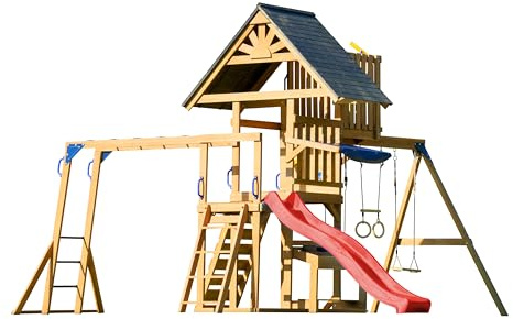 AXI Mitch Aire de Jeux en Bois avec 2 Balançoires, Toboggan Rouge/Extérieur, Bac à Sable, Trapèze/Mur d'escalade | Portique