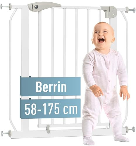 IB STYLE Türschutzgitter Berrin 58-66 cm - Treppenschutzgitter für Kinder, Babys, Hundegitter, schmal,Ohne Bohren, Weiß Grau