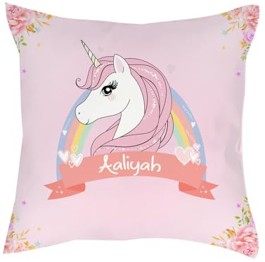 Personalised Floral Unicorn Magically Stars ANY NAME Funny Kids Birthday Gift Home Decor Satin Cushion, Throw Pillow/Cushion. (Satin Cushion Cover)