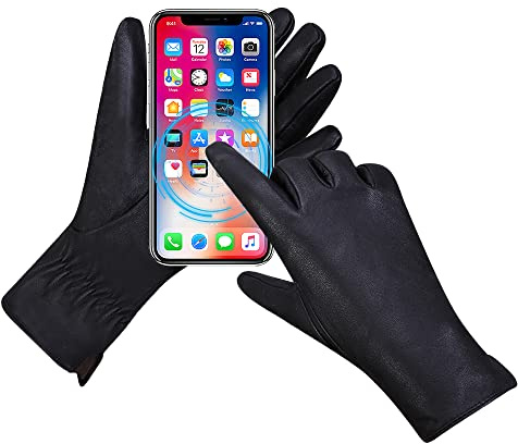 MGGMOKAY Damen Lederhandschuhe Touchscreen Kaschmir gefüttert,Schwarz,XL