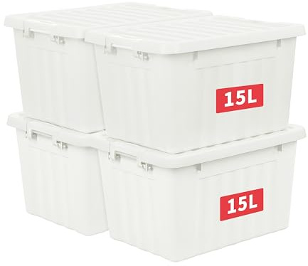Cetomo 15L*4 Boîtes de Rangement avec Couvercles, Boîte de Rangement en Plastique avec Fermetures à Clipser, Empilable, Encastrable, pour Placard de Bureau à Domicile, Blanc, 15L, Lot de 4