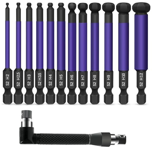 Lcyen 12 PCS Kugelkopfbit S2 75mm, Sechskant Kugelkopf Schraubendreher 2/2,5/3/3,5/4/5/6/7/8/9/10/12mm, Ball End Hex Head Allen Wrench Drill Bit 1/4'' Shank, Innensechskant Bitsatz mit Griff