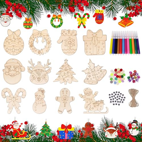 GADITIEK Décoration Noël Sapin en Bois et 12 Pièces d’Ornements pour Activité Manuelle et Pendentif de Noël