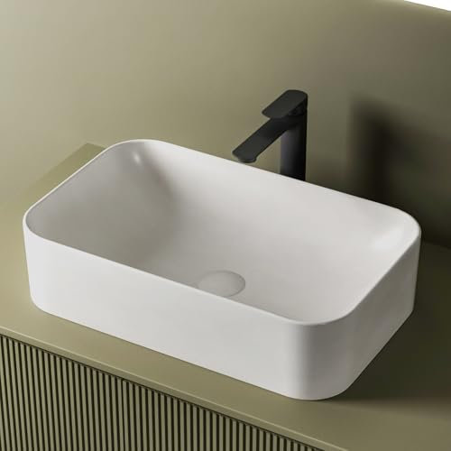 EMKE Lavabo da appoggio 610 x 380 x 150 mm, Lavabo rettangolare in ceramica per bagno, Bianco opaco, lavabo di alta qualità per bagno, facile da pulire e installare
