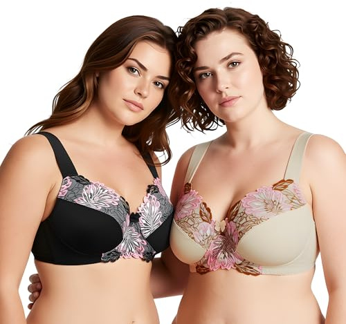 Curve Muse Sujetador inalámbrico sin Forro minimizador | Encaje, Bordado, Tirantes ajustables, Cierre de Ganchos, Nailon, Microfibra