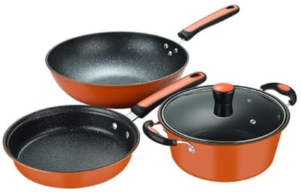 ZOCWJK Pots and Pans Set 3Pcs Soup Pot with Glass Lid Wok Frying Pan Wrought Iron Non-Stick Cooking Pot Set Kitchen Cooking Pot Set Cooking Pan Set(
