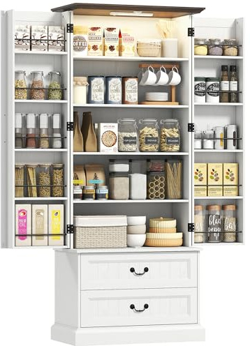 HOMCOM Buffet Haut Cuisine avec LED à capteur, Armoire de Cuisine, 2 Portes, 10 Porte-épices, 2 tiroirs et étagères réglables, Meuble de Rangement pour Salon, Salle à Manger, 76x39,5x183cm, Blanc