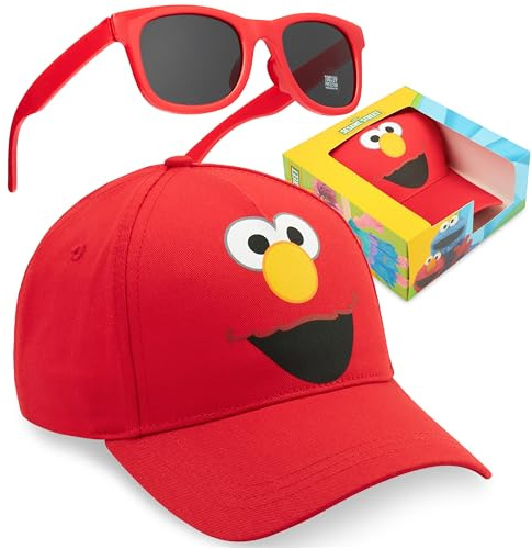 Sesame Street Elmo Baseball Cap Sunglasses Set for Boys, Adjustable Summer Sun Hat 100% UV Shades, Kids Holiday Essentials (Red Elmo)