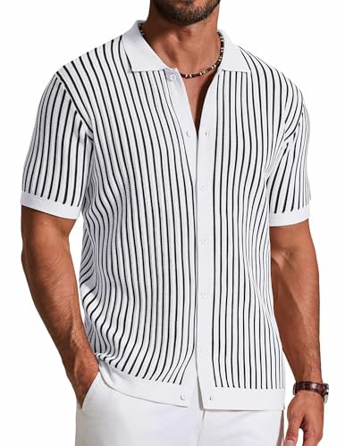 COOFANDY Mens Vintage Knit Shirt Short Sleeve Button Down Shirts Casual Crochet Polo Shirts White Black