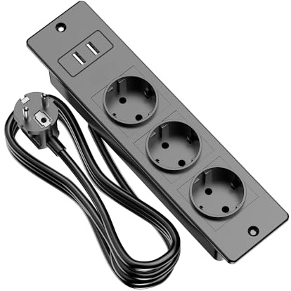 Regleta de mesa con protección contra sobretensiones, enchufe múltiple de 3680W con cable de extensión de 1,5m, 1x regleta de enchufes AC, 2x puerto USB, regleta de enchufes para cocina y oficina