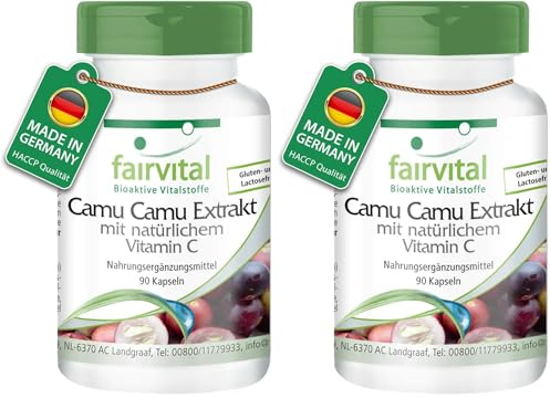 fairvital Camu Camu Capsule, vitamina C naturale, 1000 mg di estratto di Camu Camu per dose giornaliera, ALTO DOSAGGIO, VEGANO, 90 capsule, facili da deglutire (Confezione da 2)