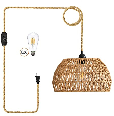 Boho Woven Rotting Pendellampa Linne Hängande korglampa med 15ft hampa -in sladd Dimbar strömbrytare Handvävd Light for Sovrum, y, Farmhouse, Li