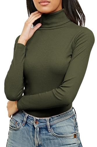 Re Tech UK Ladies Plain Ribbed Cotton Polo Turtle Roll Neck Tunic Top Jumper Full Sleeve, Khaki, M/L 12-14
