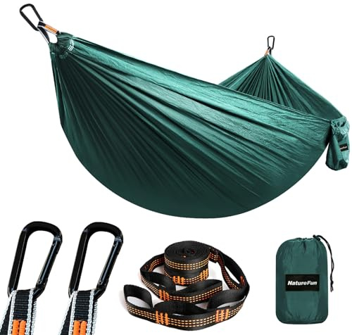NTUREFUN Amaca da Campeggio da Viaggio Ultraleggera | Capacità di Carico 300kg,(275 x140 cm) Traspirante,Nylon da Paracadute ad Asciugatura Rapida | 2 x Moschettoni, 2 x Corde in Nylon Incluse
