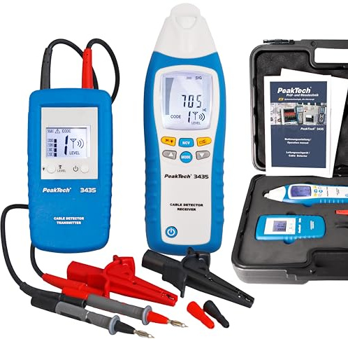 PeakTech 3435 – Rilevatore di cavi con trasmettitore e ricevitore, Voltmetro, Rileva cortocircuiti, fusibili, tubi, inclusi pareti, soffitti e pavimenti - Fino a 2 m di distanza