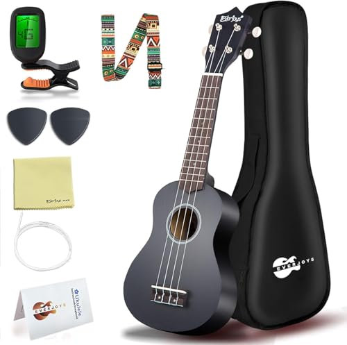 Everjoys Sopran Ukulele Set für Erwachsene 21 Zoll Ukulele Starter Kit mit Tasche, Tuner, Songbook, Saiten, Pick, Kleine Hawaii Gitarre Schwarz