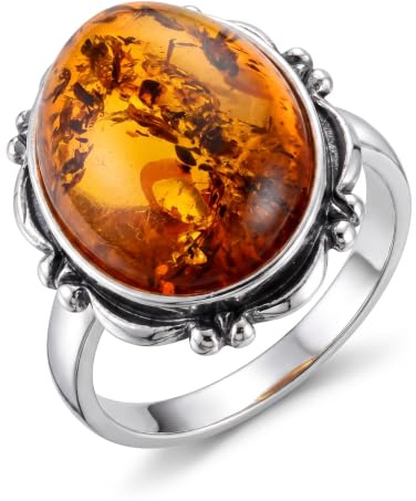 Sterling Silver and Baltic Honey Oval Amber Adult Ring- size 8.5