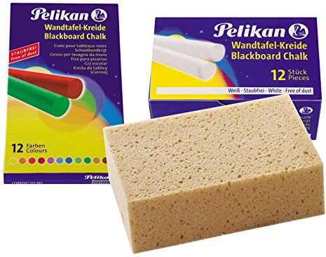 Pelikan Wandtafel-Kreide, staubfrei, rund (1 × bunt + 1 × weiß mit Schwamm)