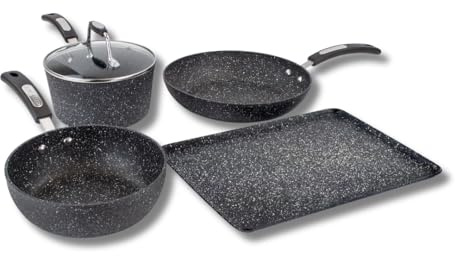 Scoville Neverstick 4 Piece Kitchen Cookware Set - Frying Pan, Wok, Baking Tray, Saucepan - Ideal for Beginners, Home Movers, Students - Black