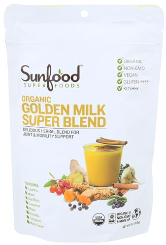 Sunfood Superfoods Organic Golden Milk Super Blend - Turmeric Latte Powder Mix with Ginger, Black Pepper, Cinnamon & Cardamom Spices, Vegan, USDA Organic, Gluten Free - 6 oz