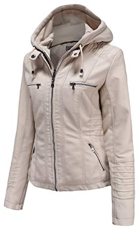 Tagoo Women's Faux Leather Moto Jacket, Off-White with Removable Hood