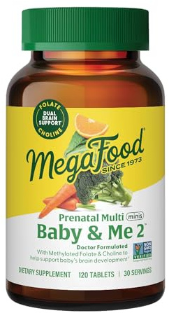 MegaFood Baby & Me 2 Prenatal Multi Minis - Prenatal Vitamins for Women with Choline & Methyl Folate - Gluten-Free, Vegetarian, Pre Natal Multivitamin for Women – 120 Minis Tablets, 30 Servings
