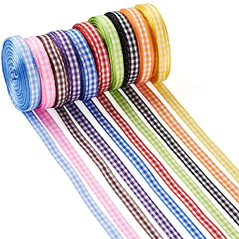 Pandahall 10 rollos de cinta de poliéster a cuadros de 1/4 x 11 yardas, 10 colores, patrón de tartán, encaje de serpentina de celosía para envolver regalos, lazo para el pelo