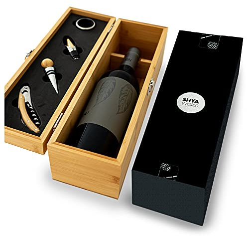 ShyaWorld Caja para Botella de Vino de Madera. Estuche para regalar. Kit Set Accesorios de vinos Incluidos. Sacacorchos, Recogegotas, Dosificador, Tapón...Botella No incluida. (Caja Madera con Set)