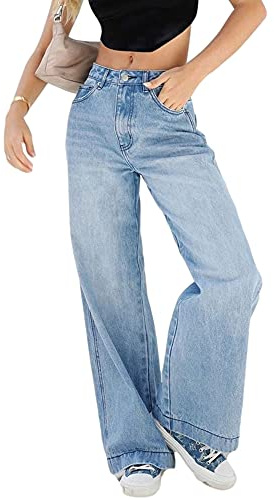 SANSIWU Womens Y2K Baggy High Waist Straight Wide Leg Ripped Jeans ButterflySolid Color Wide Leg Casual Streetwear Denim Pants (C-Dark Blue, XX-Large)
