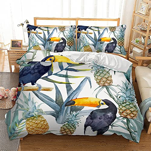 Lunoroey Tropical Duvet Cover King Size Bed Pineapple Toucan Bird Print Bedding Set with Pilowcase Soft Easy Care Quilt Cover Set With Zipper Closure