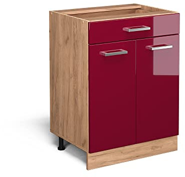 Vicco Küchenunterschrank R-Line, Rot Hochglanz, 60 cm mit Schublade, ohne Arbeitsplatte, zur freien Kombination innerhalb modularer Küchensysteme