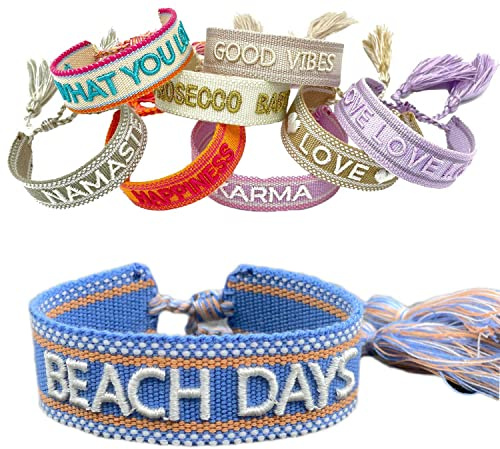 LS-LebenStil Exklusives Statement Armband - das Original - Beach Days Blau Weiß Orange 16-20cm Quasten besticktes Boho Canvas Webarmband Damen Freundschaftsarmband Geschenk gewebt textil Stoffarmband