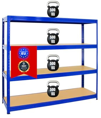 PROREGAL Étagère Charge Lourde Dino | HxLxP 180x180x60cm | 500kg par Niveau | Bleu | Étagère Robuste de Garage, Atelier, Cave, sous-Sol, Stockage, Rangement, Rayonnage