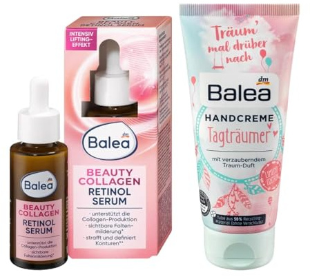 Balea 2er-Set: Serum BEAUTY COLLAGEN RETINOL Feuchtkeitspflege verbessert die Hautfestigkeit & Hautelastizität (30 ml) + Handcreme TAGTRÄUMER mit verzauberndem Traum-Duft (100 ml), 130 ml