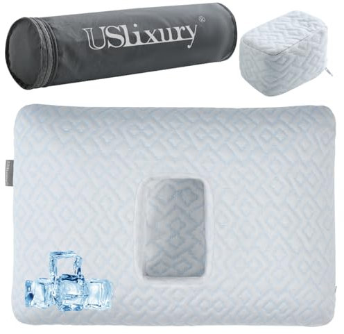 USlixury Ear Piercing Pillow - Ear Pillow with Extra Foam Plug, Piercing Pillow with Larger and Off Centered Ear Hole, Soft CertiPUR-US Memory Foam Piercing Pillow for Side Sleepers, A Cool Pillowcase