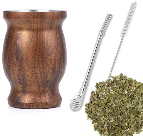 SVUPUE Yerba Mate Cup, Yerba Mate,Double-Wall Yerba Tea Set, Yerba Cup, with Straw Spoon and Cleaning Brush, for Yerba Mate Drink, Coffee, Milk and Juice, Wood Grain Color,8oz