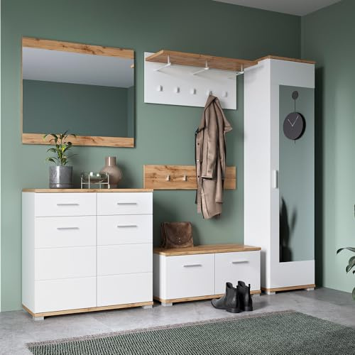 Lomadox Garderoben-Set 6-teilig mit Garderobenschrank in weiß mit Eiche | Flurgarderobe im modernen Stil