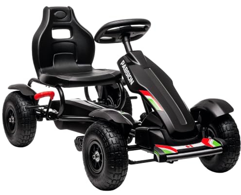 HOMCOM Pedal Go Kart Adjustable Seat Handbrake for Ages 5-12 Years Black | Kids Ride On Racer, Inflatable Rubber Tyres