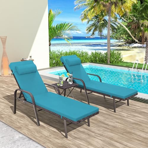 Trumbeak Patio Chaise Lounge Set 3 Pieces Pool Lounge Chairs,Cushioned Outdoor Folding Lounge Chair w/Arm and Rattan Adjustable Backrest for Poolside Porch,Folding Table Included,Turquoise Blue