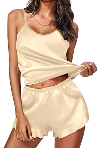 Jahetuul Pijama Satén Mujer Verano - Conjunto de 2 Piezas con Diseño Cruzado en la Espalda, Camisola y Pantalón Corto de Seda