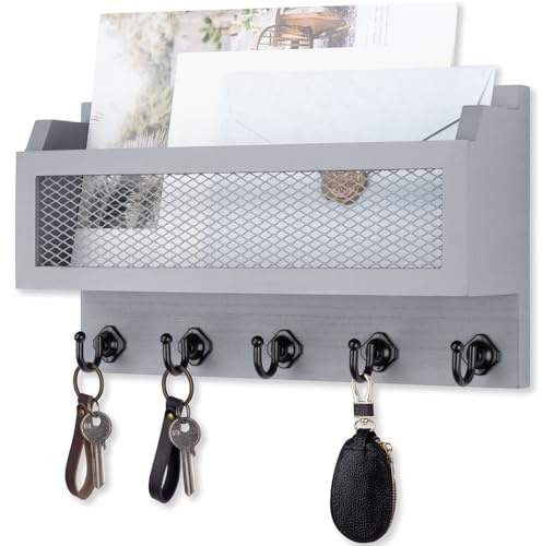 Nekon Mail and Key Holder for Wall Decorative, 11 Inch Mail Holder, Gray | Wooden Wall Key Organizer with 5 Key Hooks, Wall Mount Storage Shelf for Entryway Hallway