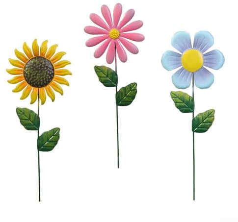 Eawfgtuw Lot de 3 décorations de jardin en forme de tournesol - Décoration extérieure - Sculpture en métal - Fleurs décoratives colorées pour intérieur ou extérieur - Pour cour, allée, pelouse