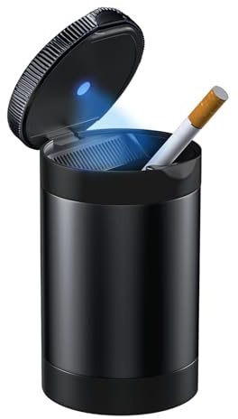 Tmengdao Ashtray with Lid Smell Proof,Smokeless Ashtray for Cup Holder,Cigar Ash Tray,Detachable Stainless Steel Car Ash Tray with LED Auto Light, for Most Car, Office, Home (Black)