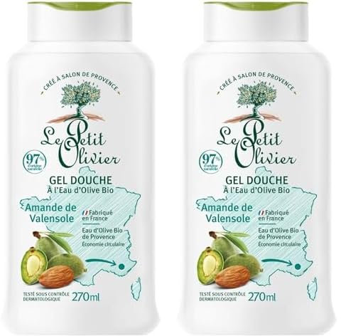 LE PETIT OLIVIER - Gel Douche - Eau d'Olive Bio & Amande de Valensole - PH Neutre Pour La Peau - 97% D'Origine Naturelle - Sans Savon, Sans Colorant - Fabriqué En France - 270 ml (Lot de 2)
