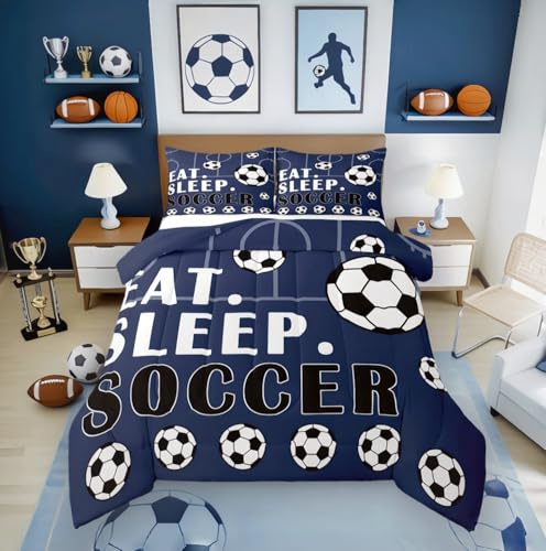 Erosebridal Soccer Comforter Set Twin Sports Bedding Sets for Boys Girls Football Down Comforter Soccer Ball Games Bed Set Football Room Decor for Boys Teen Quilt Set 2 Pcs Navy Blue