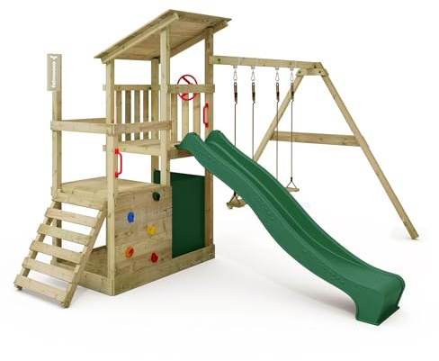 FATMOOSE Spielturm Klettergerüst FruityForest Fun XXL mit Schaukel & grüner Rutsche, Outdoor Kinder Kletterturm mit Sandkasten, Leiter & Spiel-Zubehör für den Garten