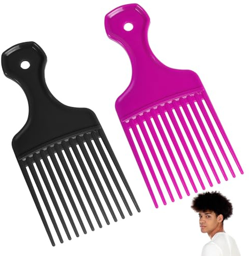 Afro Kam, 2 stycken plastlockar kam hållbar Afro Comb lockkam med handtag afro-hårprodukter för män kvinnor lockigt hår permanent stora skägg (svart, lila)