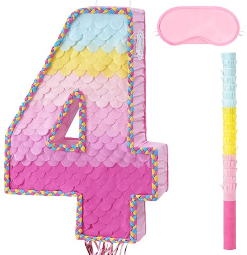 WERNNSAI Pink Number 4 Pinata 4th Birthday Decoration Rainbow Number Pinata | 4th Birthday Party 4 Year Anniversary Decoration Party Supplies with Blindfold and Stick