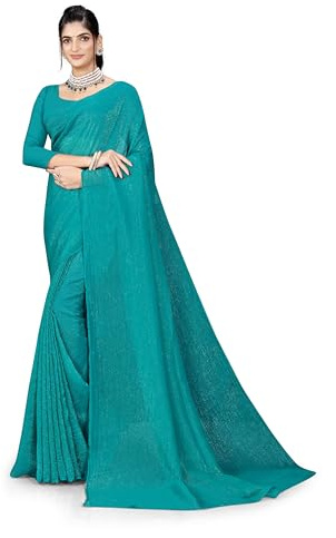 ETHNICMODE Indian Saree For Women Plain Zari Chiffon Light Weight Party Wear Sea Green Sari With Unstitched Blouse Piece-1253