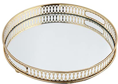 Xingfx Rund speglad serveringsbricka i guld, dekorativ bricka av järn och glas med handtag, kosmetisk bricka modern för vardagsrum/toalettbord/badrum 32 x 4 cm